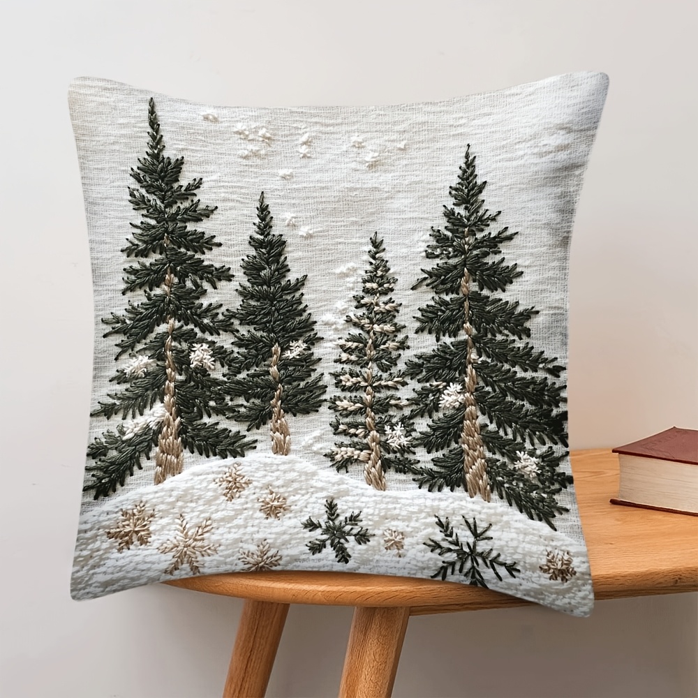 

1pc Vintage Embroidered Winter Scene Pillow Cover, 18x18inch, Polyester, Machine Washable, Zipper Closure, Woven Short Plush Decorative For Living Room, Bedroom, Office - Snowflakes & Trees Design