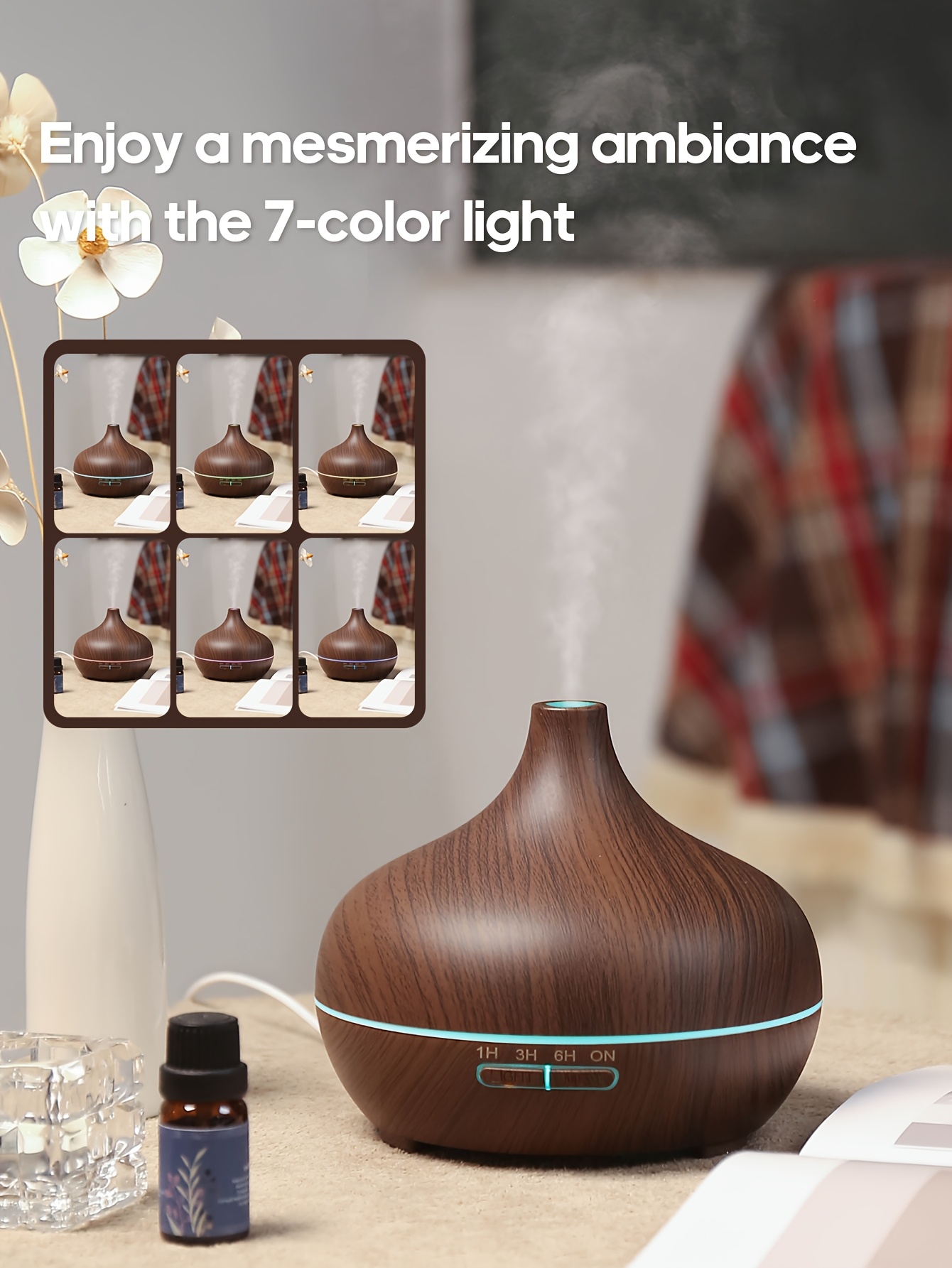 Difuzor de Aromă cu Textură de Lemn 300ml, Alimentat prin USB, 3 Stiluri (Lemn Închis/Deschis, Marmură), Lumini de Atmosferă cu 7 Culori și Timer, Operare Simplă cu Butoane Fără Telecomandă, Tehnologie Soundwave Silențioasă, Oprire Automată la Uscare, Umidificator de Uleiuri Esențiale pentru