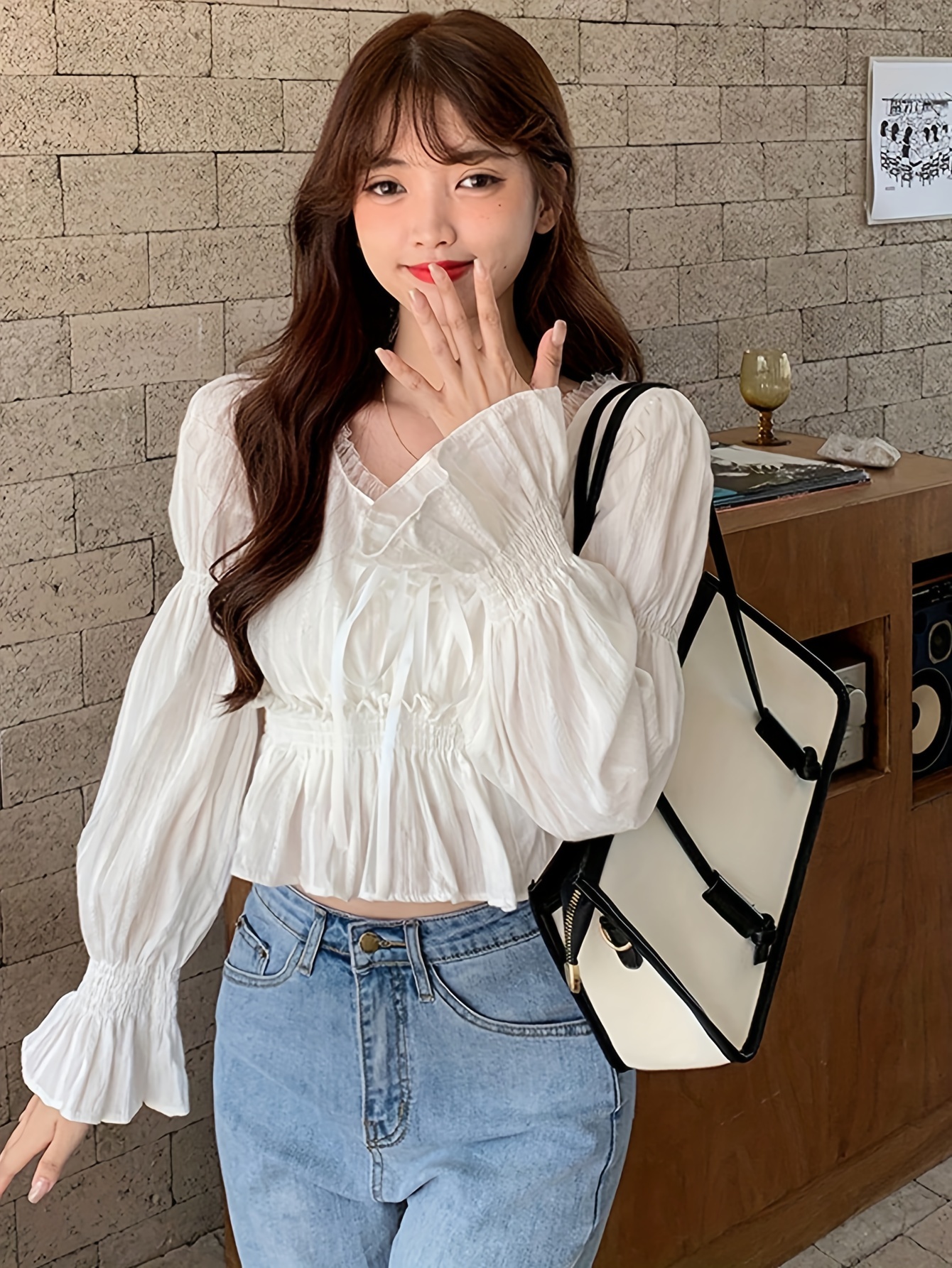 womens shoulder puff sleeve blouse japanese korean style Temu