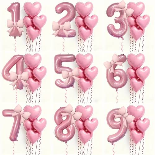 6-teiliges set rosa zahlen- herzluftballons, inklusive zahlenballons 0-9 mit schleifendekoration passenden herzluftballons – für geburtstagsfeiern, hochzeiten, geburtstage, valentinstag-partydekoration – hellrosa partyzubehör für taufen, 1./2./3./4./5./6. geburtstagsparty-zubehör