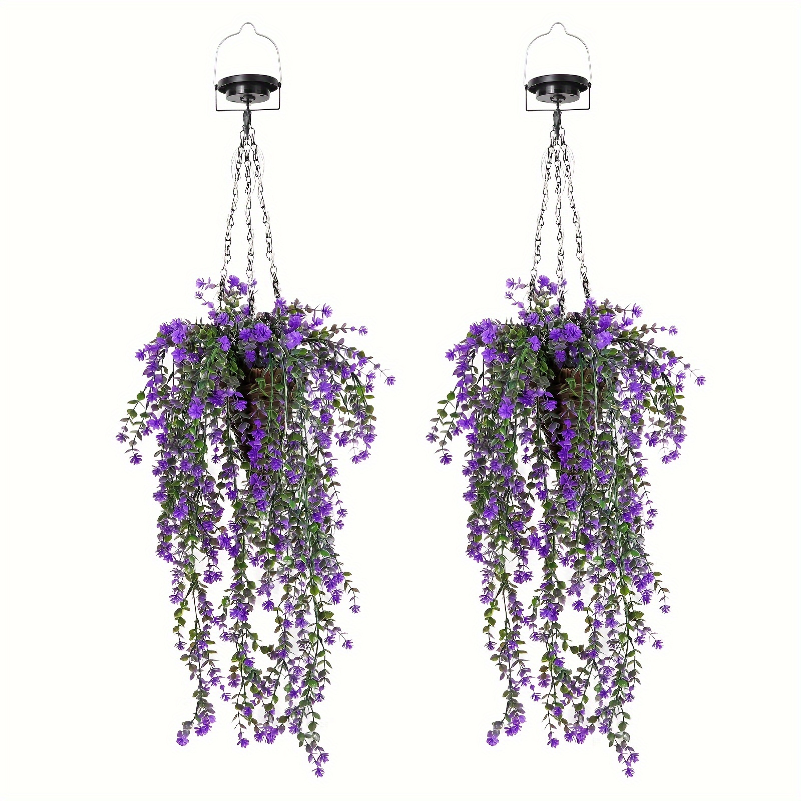 TEMU 2 Pack Solar Artificial Flower Basket Lights, Auto Outdoor Hanging Lamp, Purple Floral Decor For Front Porch Patio Garden Yard