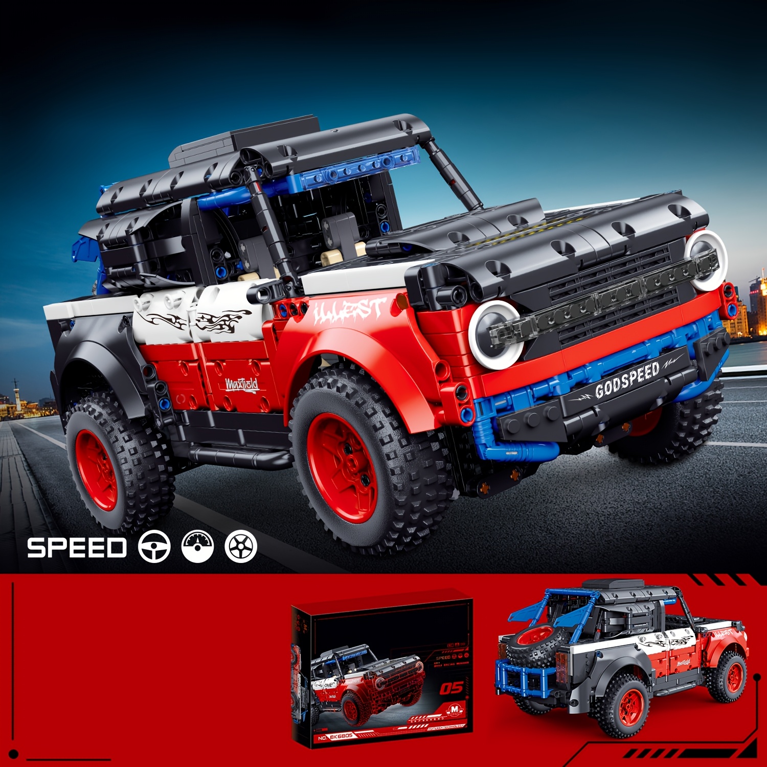 

1428pcs Off-road Supercar Model Set - With Black Accents, Abs Plastic, Stackable Interlocking Bricks, & Durability Features, Ideal For Birthday & Christmas Gifts