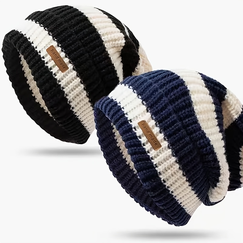 TEMU 2pcs Loose Striped Fashionable Big Head , Japanese Cap, Winter Warm Hat, Small Face, Windproof Cycling