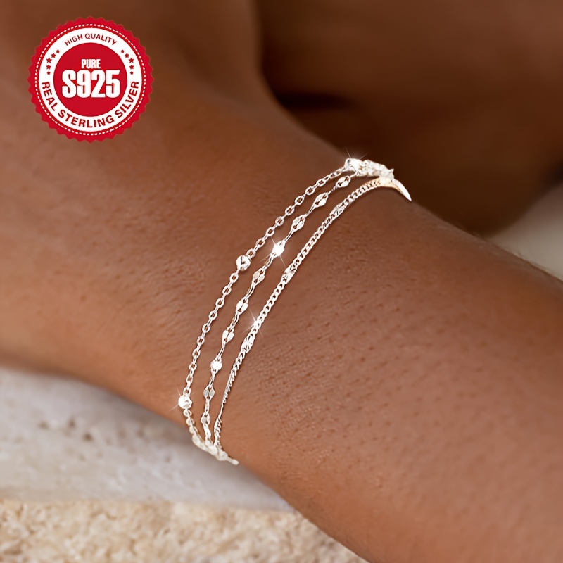 

Elegant 925 Sterling Silver Triple Layer Beaded Bracelet With Lip Design, Plated Fashion Jewelry For Women, Hypoallergenic, Lightweight 2.5g, & Gift