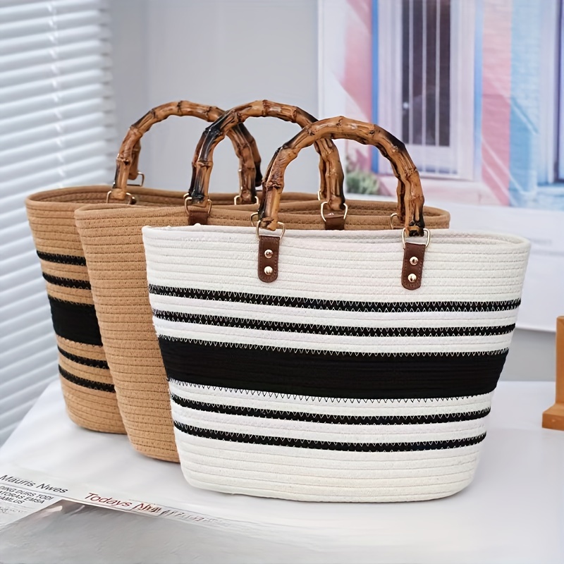 Handmade Woven Cotton Rope Bags Bamboo Joint Bags Straw - Temu