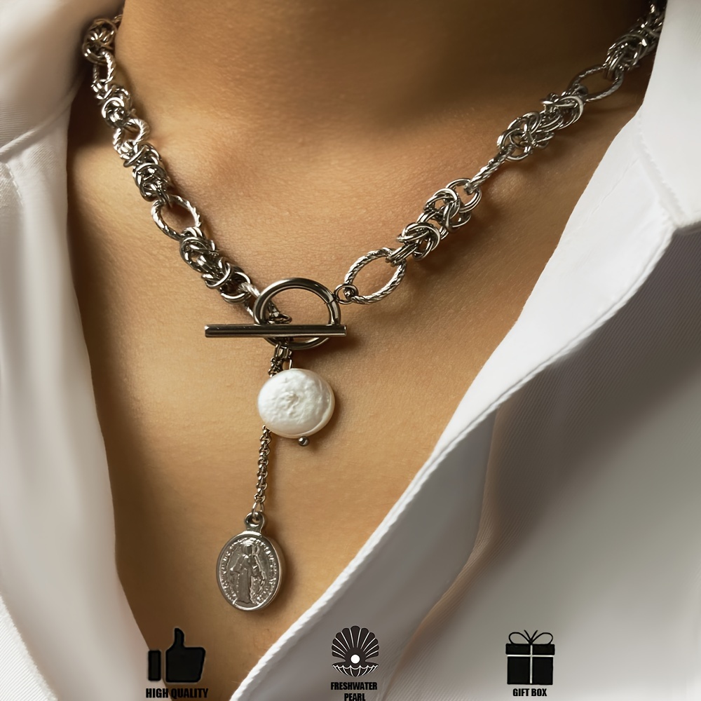 Stainless Steel Necklace with Baroque Pearl Pendant Vintage Style