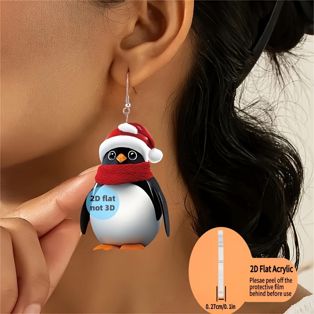 2D Flat Cartoon Penguin Dangle Earrings, Unique Holiday Jewelry