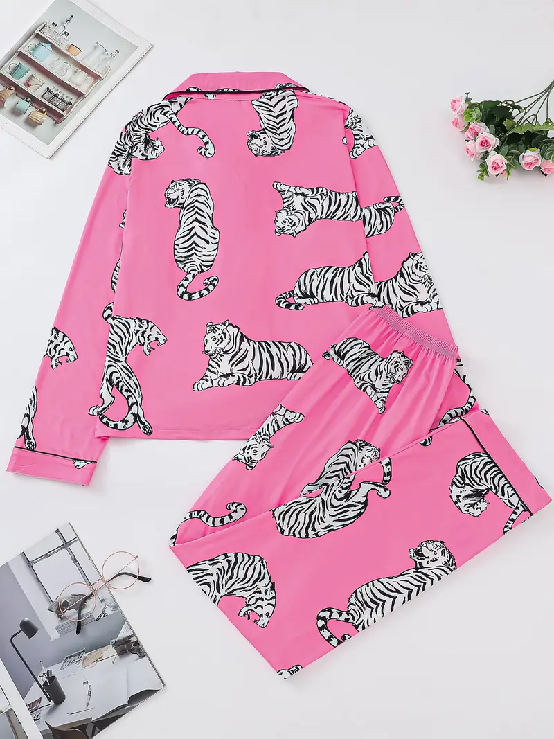 two piece elegant womens sleepwear set comfortable fabric long sleeved button up top with matching pants printed all over pocket details suitable for wear Product details 1