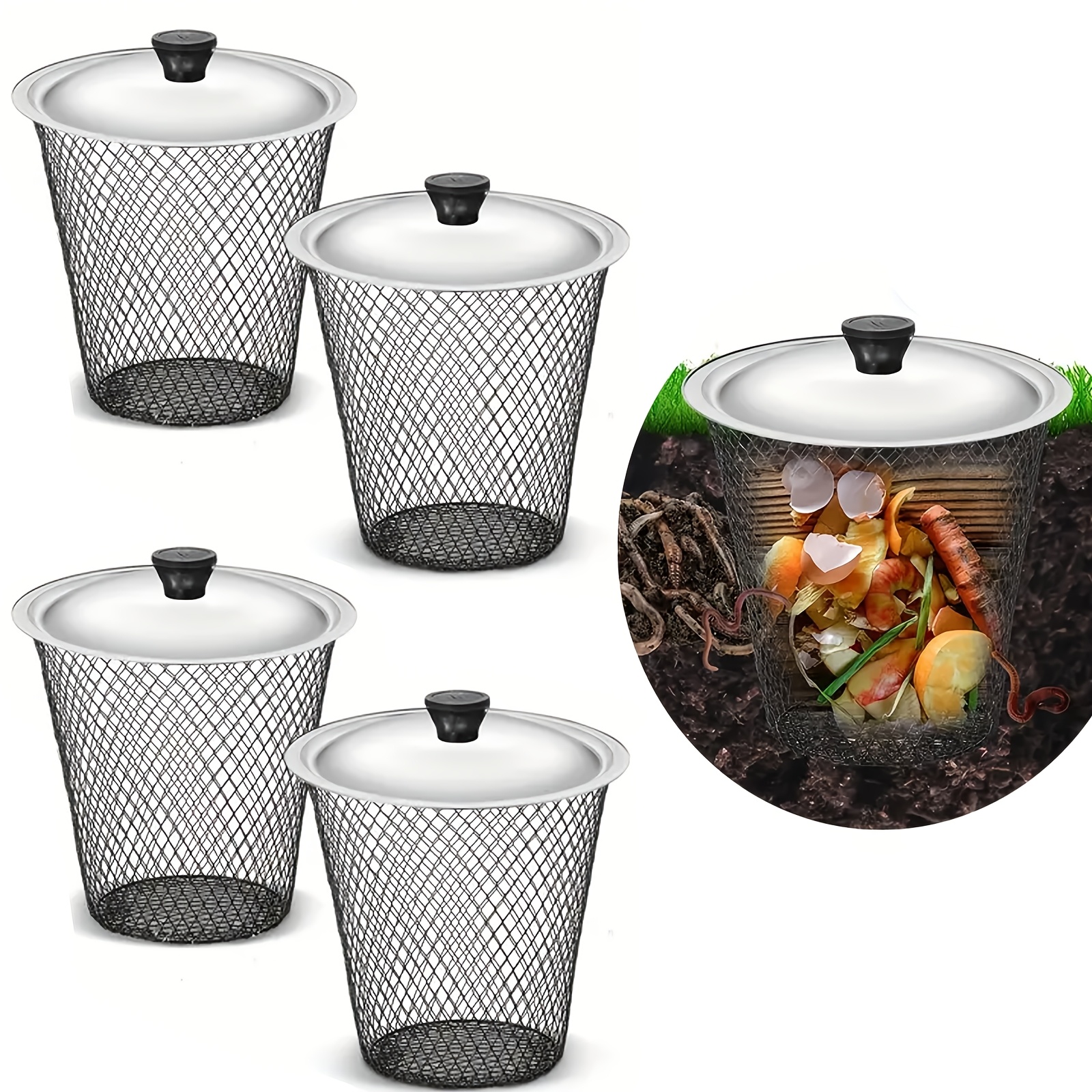 Image of 3/4pcsspace Metal Worm With Lid, Gardening Suitable, Metal Material, Worm Tea Compost Bucket - Great For Outdoor Garden Kitchen Food Waste Recycling, Enhance Flower Beds, Durable And Easy To Clean