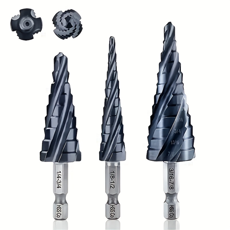 Image of Set Of Drill Bits With 4 Spiral Flutes, Made Of M35 Cobalt And Use. Step Bits Feature A 1/4" Hex Shank And Are Perfect For Drilling Through Materials Like 1/8" Thick, Metal Sheets, Aluminum