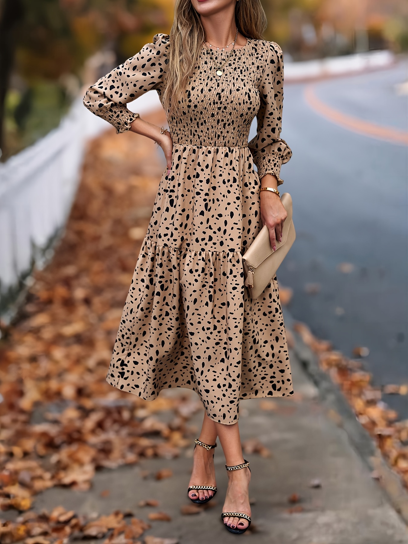 Spring Women's Clothing, Elegant Dress for Ladies with Long Sleeves and  Round Neck Leopard Print, Commuting Elegant Dress, Women's Long Skirt