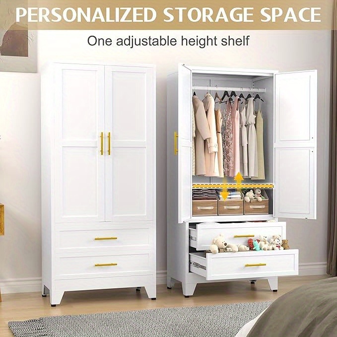 71 Inch Metal Clothing Storage Cabinet with 2 Doors, Golden Handle, 2 Adjustable Shelves, And 2 Drawers, Used for Independent Steel Wardrobes In Bedrooms, Gyms, And Cloakrooms