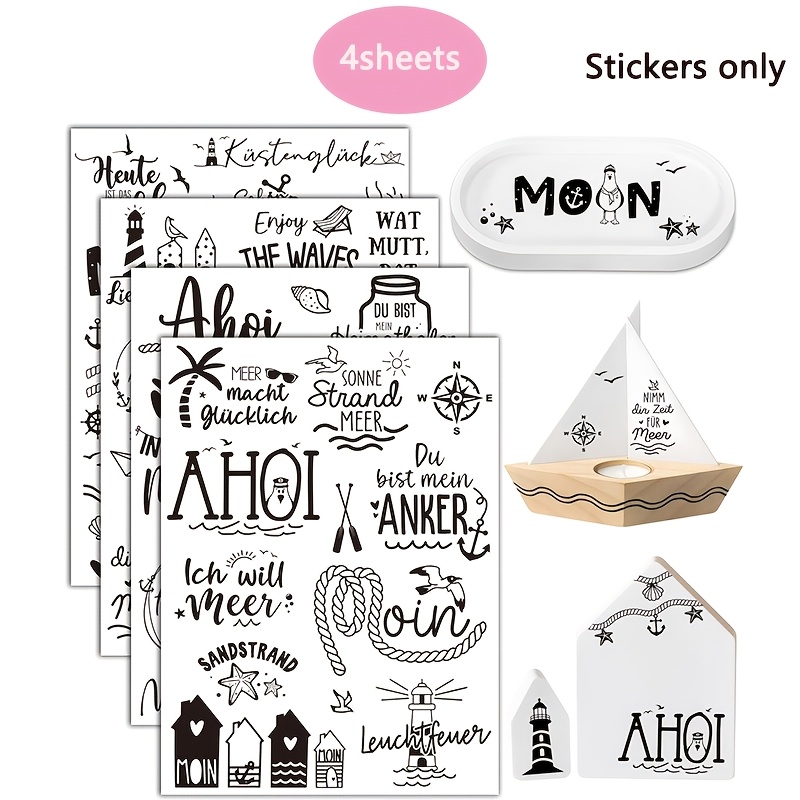 E-shop 4 Blätter/Packung, -Themen UV-DTF Transferaufkleber mit nautischen Sprüchen verschiedenen Sommerstrand-Motiven. Ideal für Frühlingsdekoration,