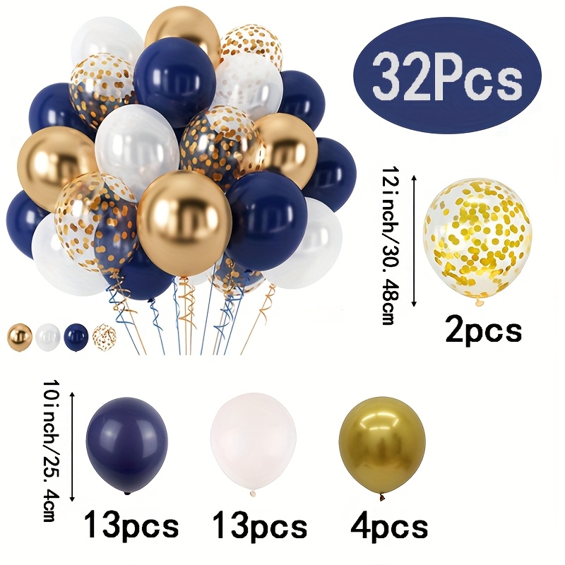 TEMU 32 Navy Blue, White, And Golden Glitter Latex Balloons - Elegant Metallic Texture, Suitable For Weddings, Birthdays, Parties, Anniversaries, And