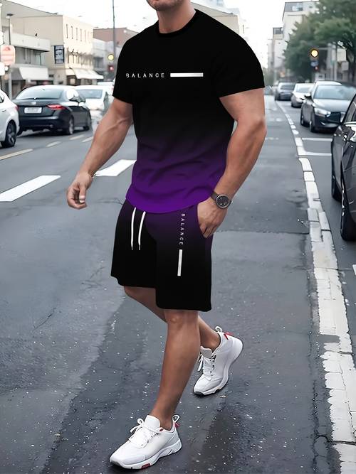 grey purple black gradient letter signature digital full print mens round neck short sleeve t shirt and drawstring shorts 2pcs set printed design not textured