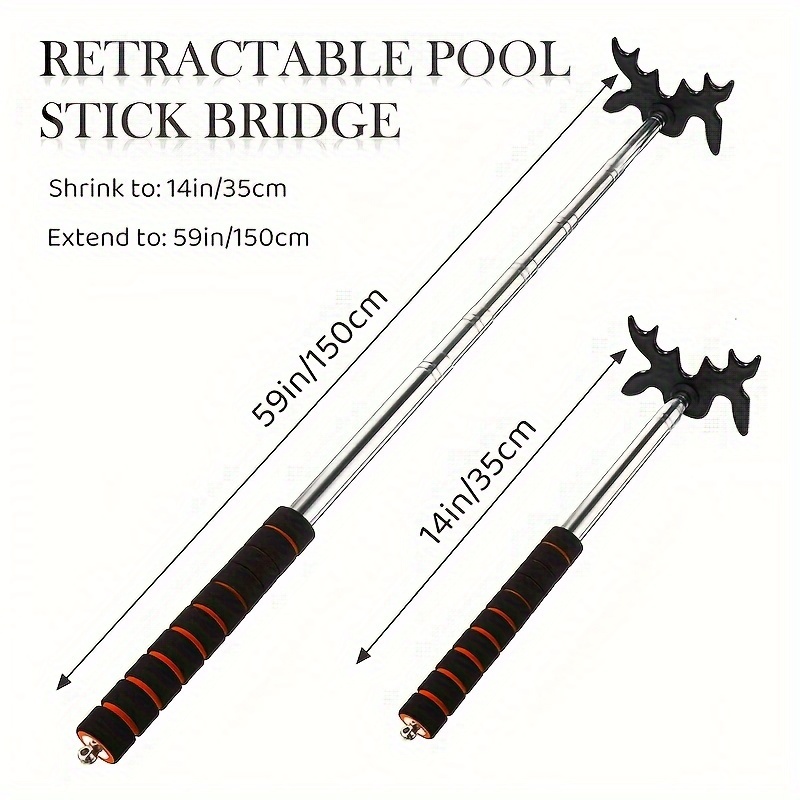 

Stainless Steel Retractable Pool Cue Bridge Stick With Sponge Handle Cover - 14"-59" Extendable Billiard Table Accessory, Polished Finish For Tool Use In Living Room, Pull-out Shelf Compatible