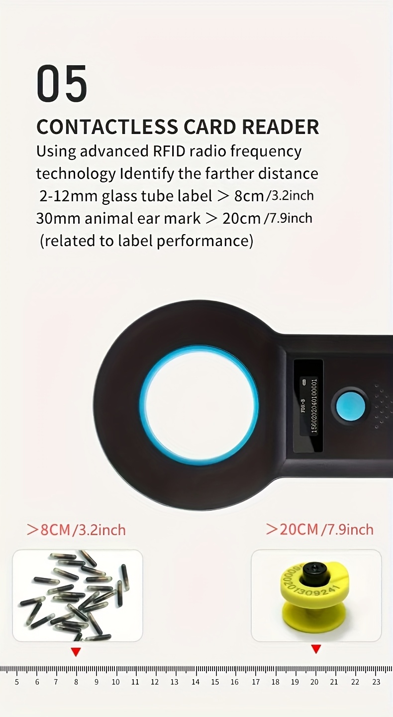 1pc Animal Tag Reader RFID Reader Animal Chip Scanner Pet Chip Reader Ear Tag Scanner Animal Tag Card Reader Dog Cat Cow Sheep Pet Identity Recognition Device