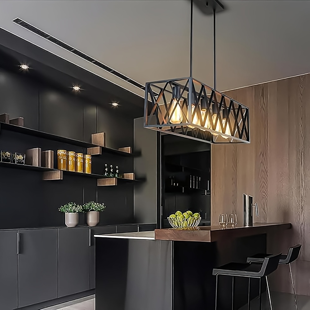 WJShome Dining Room Light Fixture Over Table, Farmhouse 5-Light Kitchen Island Lighting, Modern Black Chandelier With Adjustable Height, Large Industrial Rectangle Linear Pendant Lights