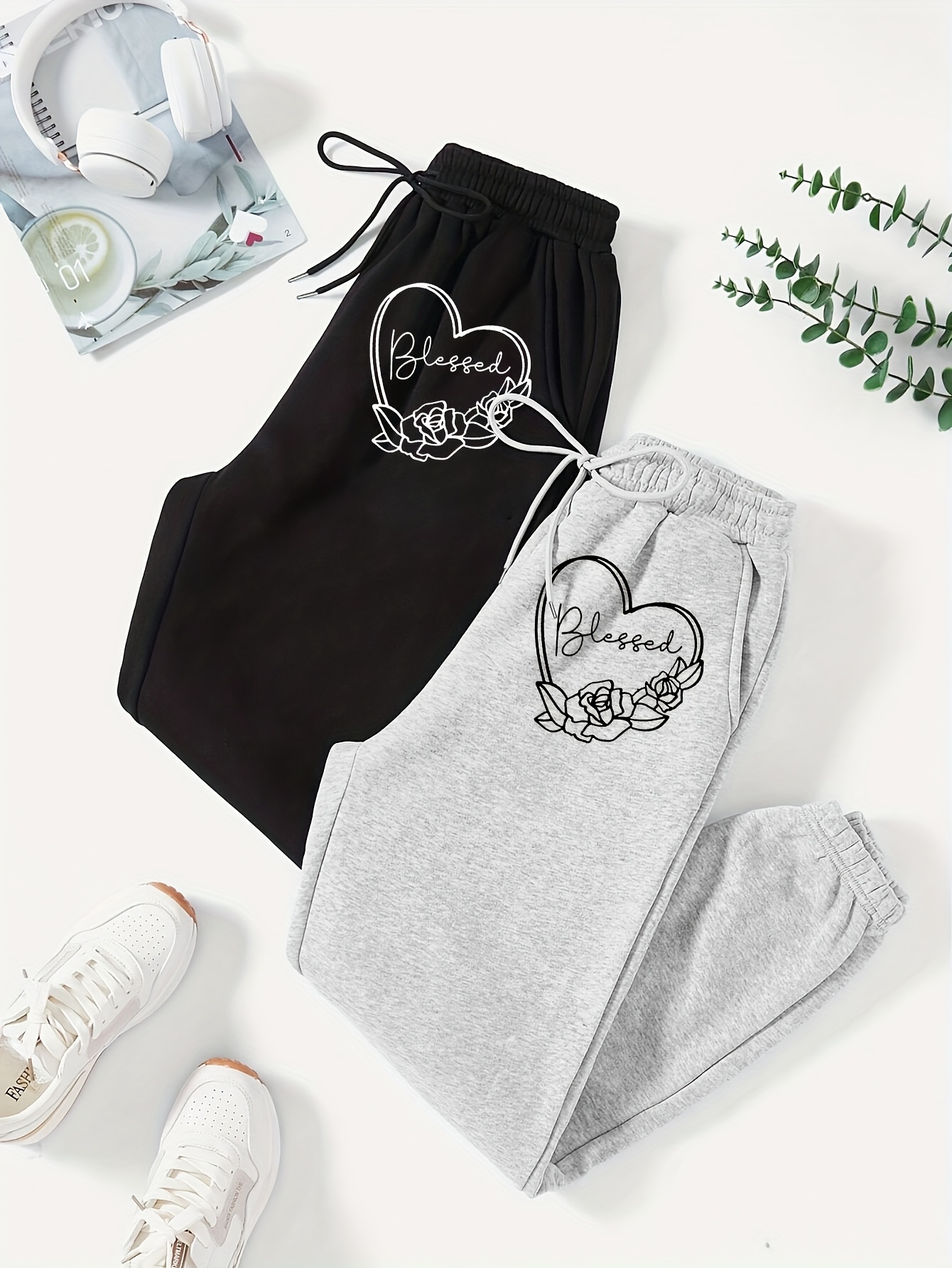 casual sportswear womens   print joggers casual elastic waist sport pants polyester machine washable with pockets black gray options