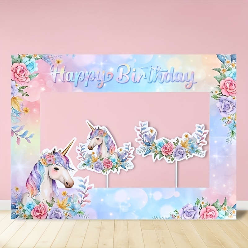 

1 Set Unicorn Birthday Party Photo Booth Props, Paper Frame With , No Electricity Needed, Featherless, For 1st Birthday Celebration Decorations