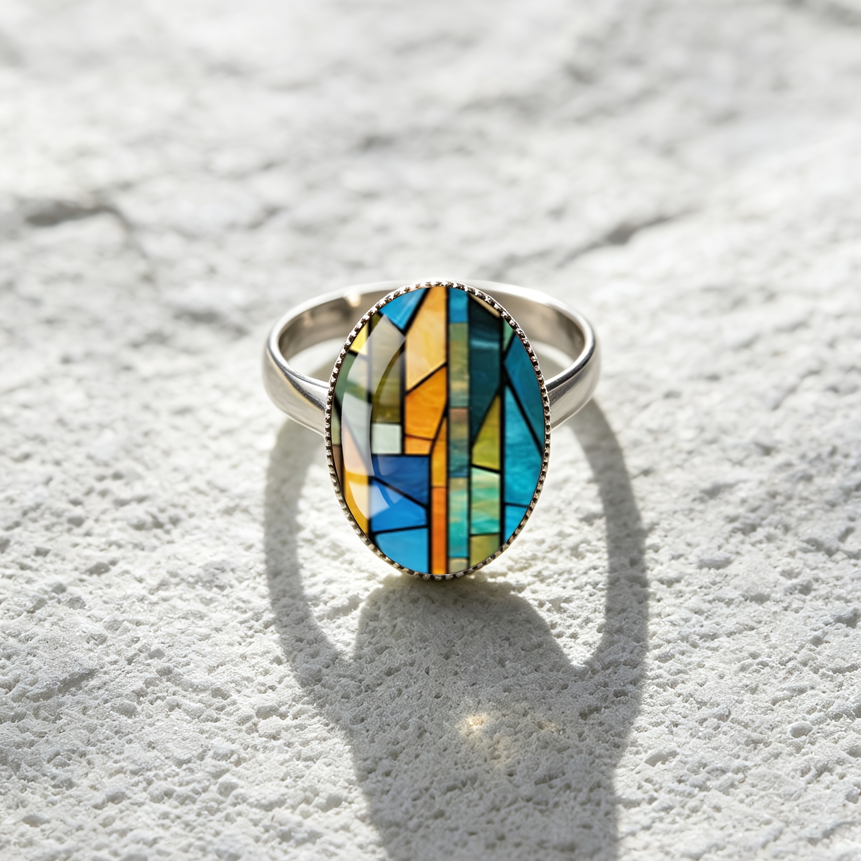 Women's Stained Glass Geometric Oval Open Ring, Classic Style