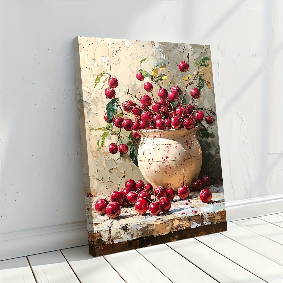 TEMU 1pz Grande a Olio con Cornice - 11.75x15,7 Pollici (29.97x39,88 cm), Texture con Vaso Vintage, Decorazione Cucina Stile Country, Ciliegie Rosse