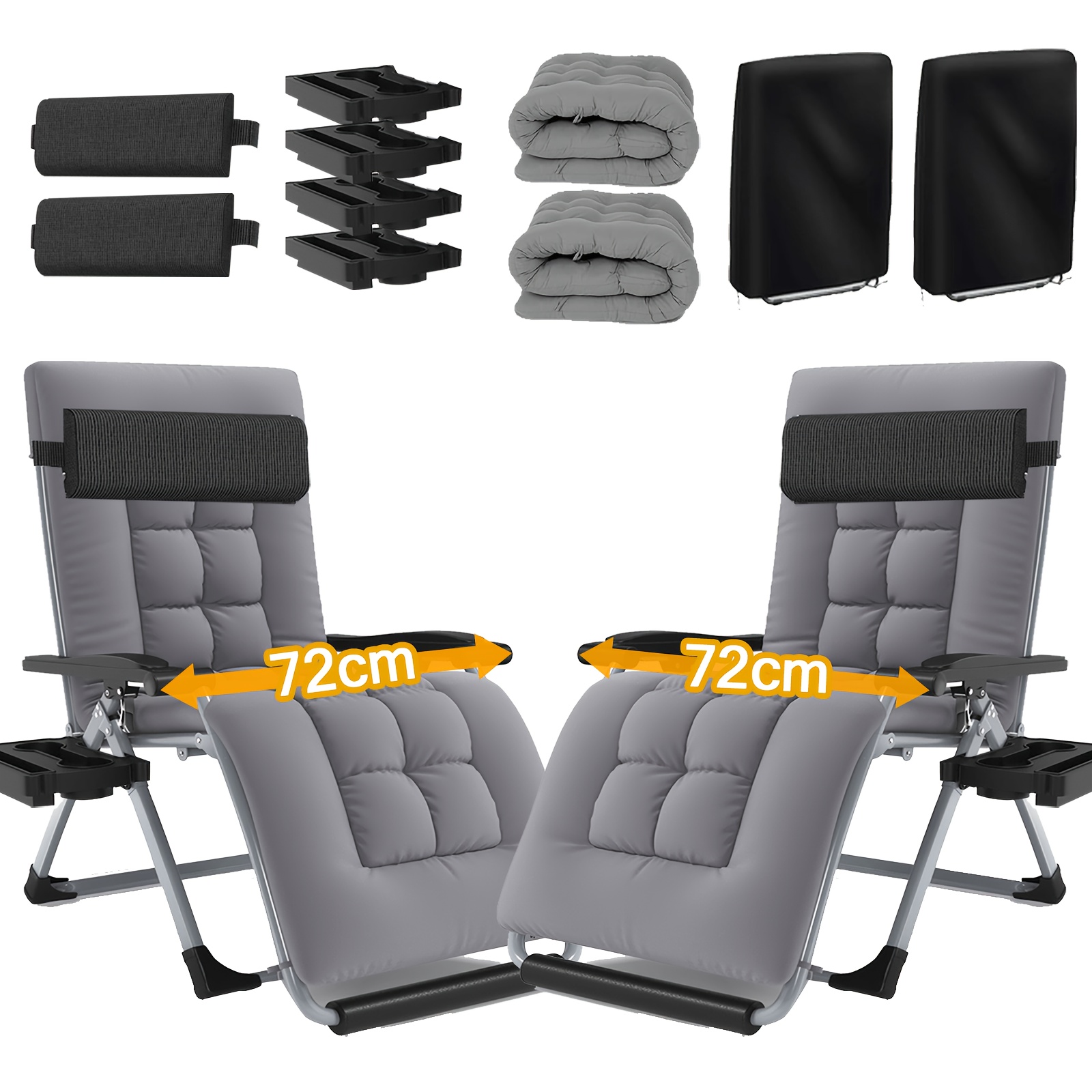 Image of 2 Foldable 0 Gravity Lounge Chairs, Camping Chairs, With Dimensions Of 65/72/77cm, Equipped With Adjustable Backrest, 4 Beverage Racks And Cushions, Are For Gardens, Patios Or .