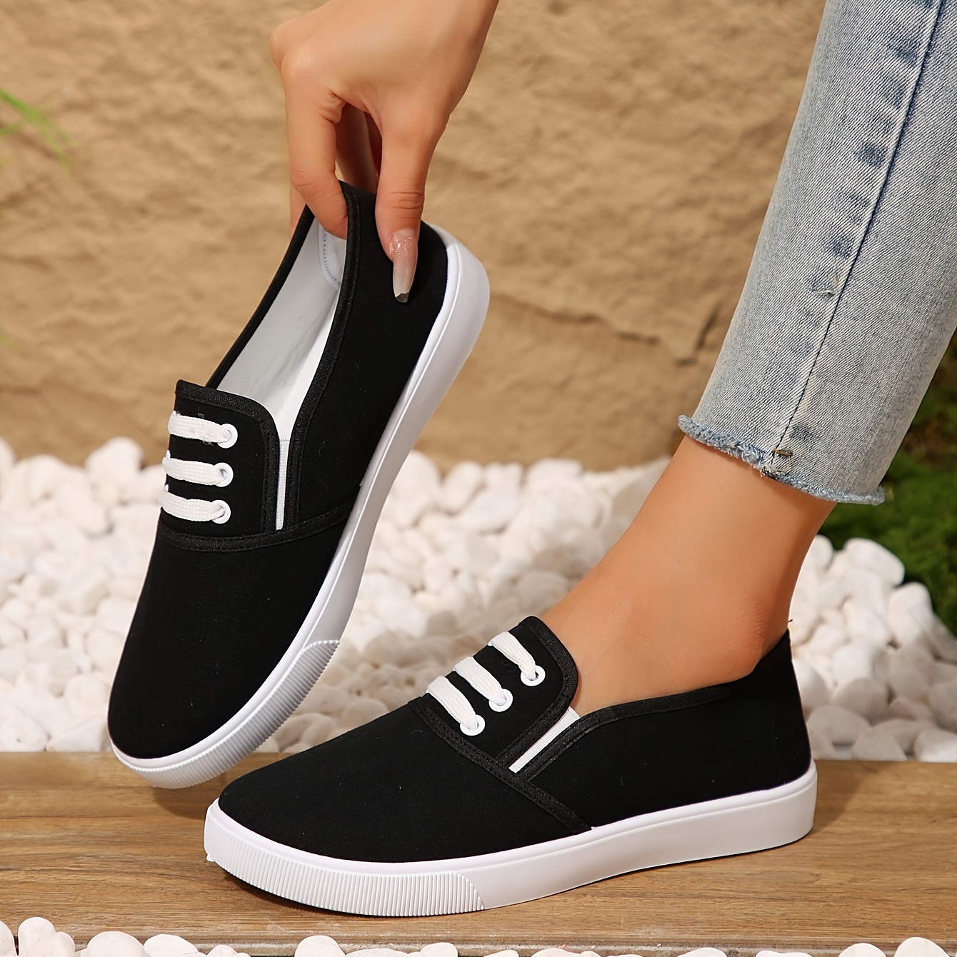 Image of Women's Loafers, Spring And Autumn Casual Solid Color Low-top Skate Shoes, Outdoor Daily Lightweight Flat Canvas Shoes White Black, Women Shoes, Sneakers Elegant Women Shoes Shoes