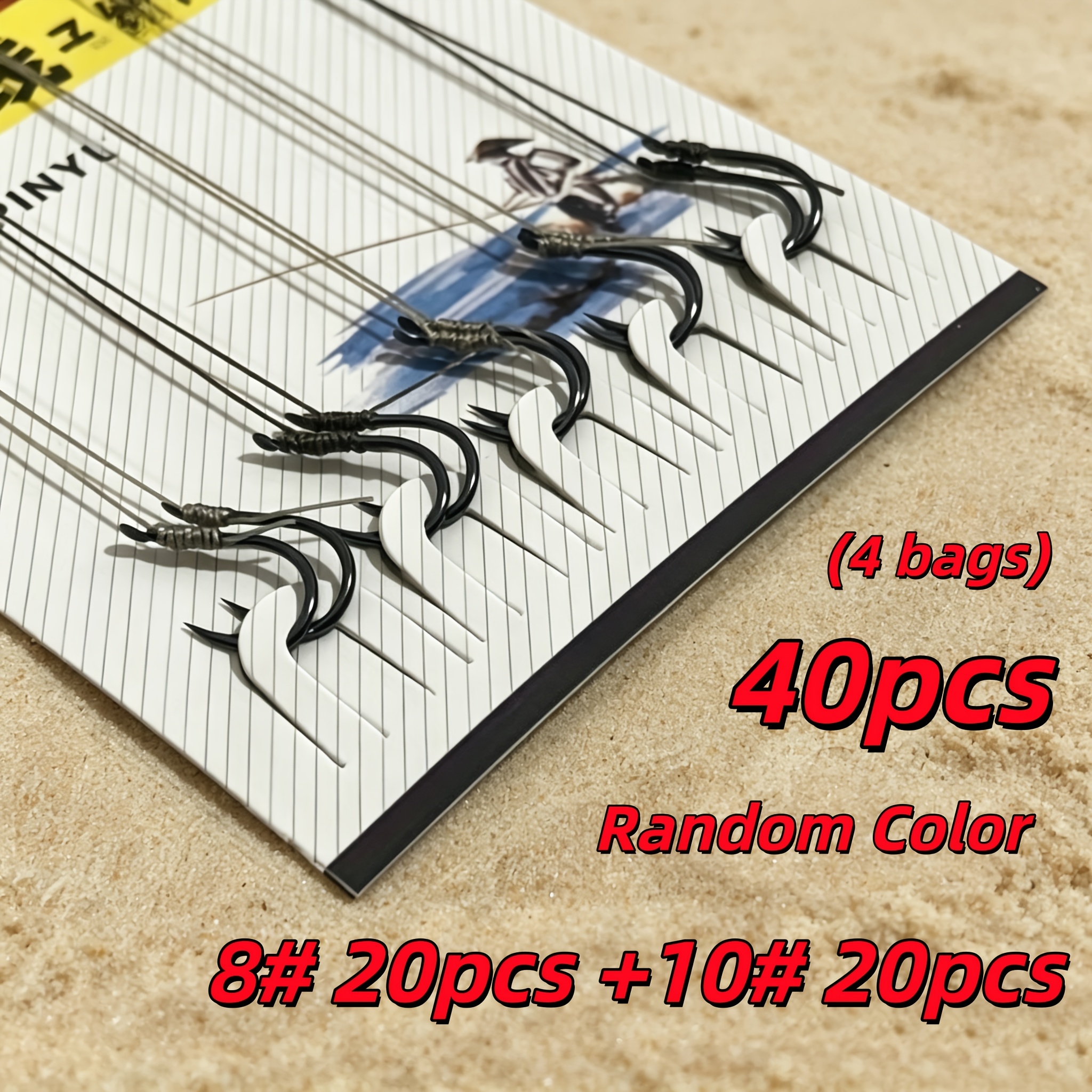 TEMU Pre-tied Fishing Hook Set 40pcs (4#20pcs+6#20pcs)(8#20pcs+10#20pcs) Random Color Pre-tied Fishing Hook Set With Leader Line, Made Of High Carbon
