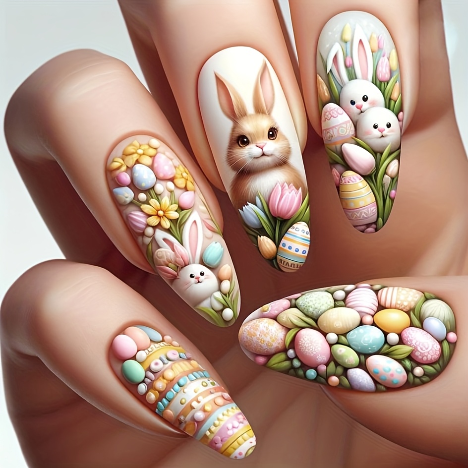 

Easter Bunny Press-on Nails - 24pcs Long -shaped, Fake Nails With & Egg Designs For Women And Girls - Easter Celebrations