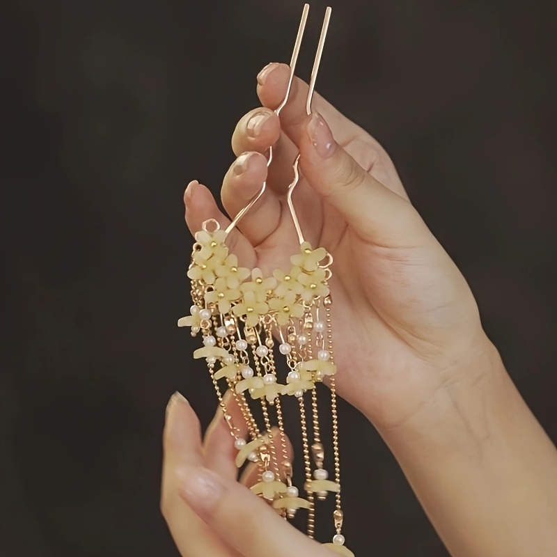 Chinese-style osmanthus and imitation pearl tassel hairpin in yellow Hairpins Chinese Hanfu Hair Accessories Flower Pearl Tassel  main image 2
