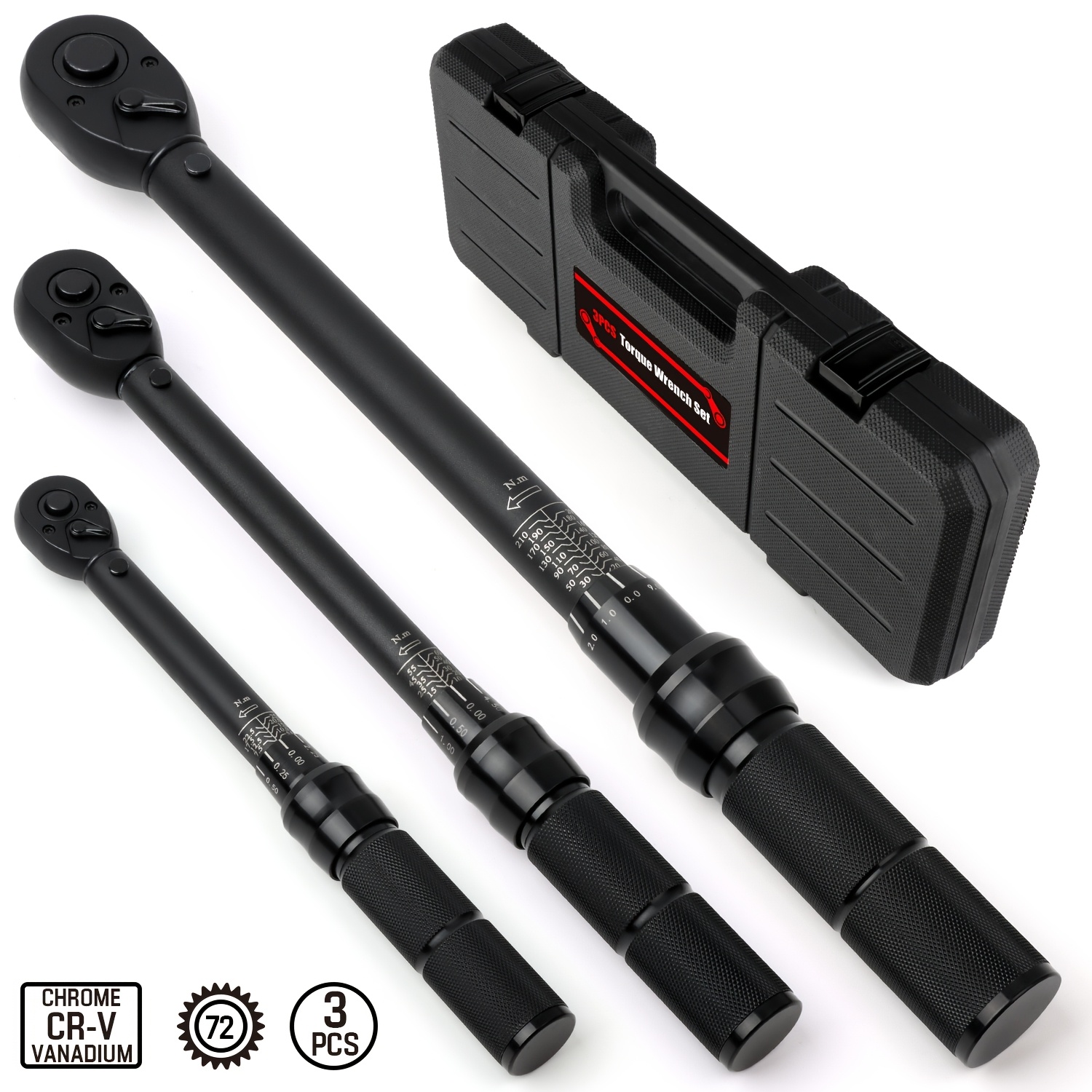 3pcs Torque Wrench Set, 1/4" 5-25 Nm, 3/8" 10-60 Nm, 1/2" 20-210 Nm, 3% Accuracy, , 72-tooth Reversible Ratchet Head, Torque Wrench For Bicycle, Motorcycle And Automotive Repair