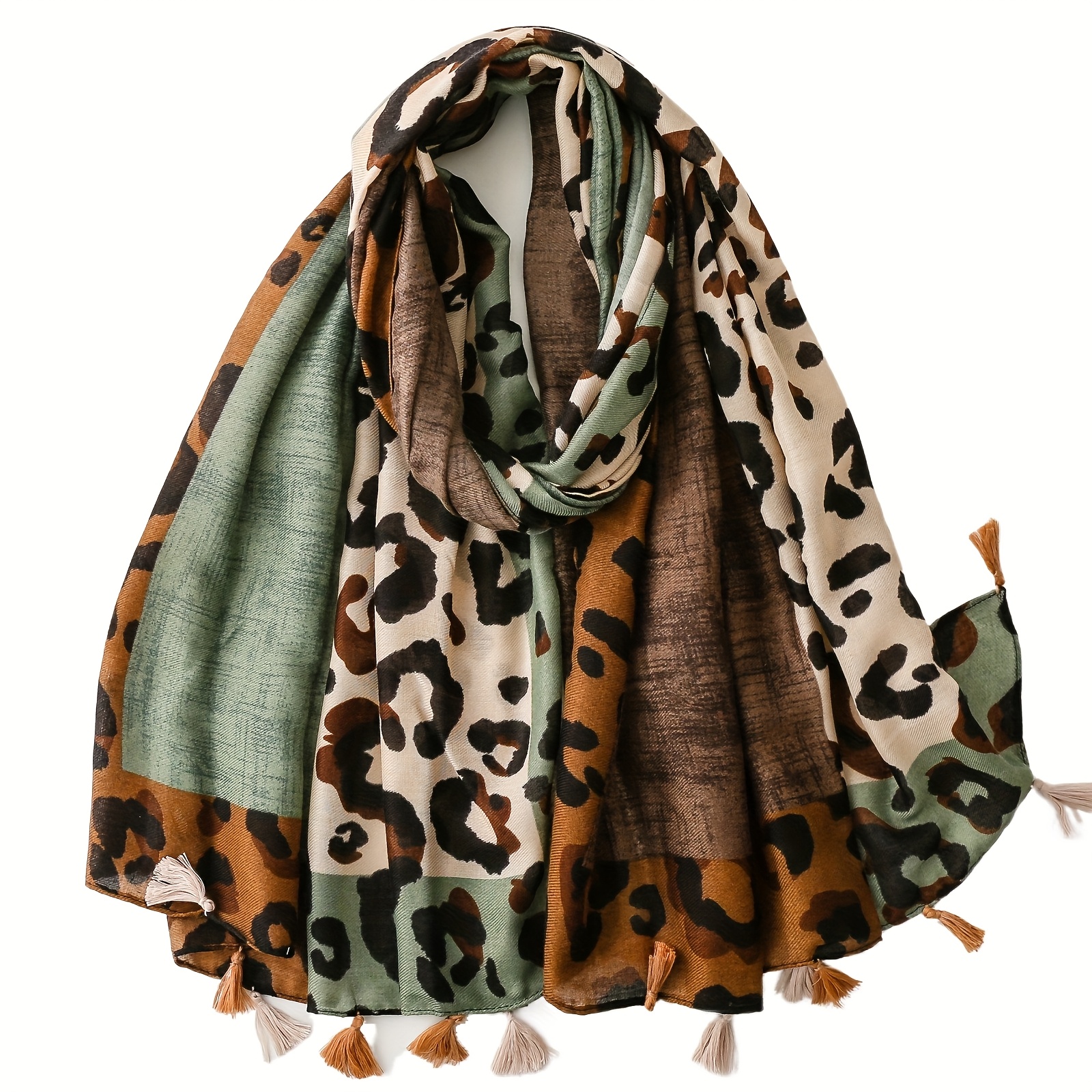 E-shop 1 Stück Damen Schal mit Leopardenmuster und Farbblock, Modisches Accessoire mit mehrfarbigem Muster, Muslimischer Kopfbedeckung