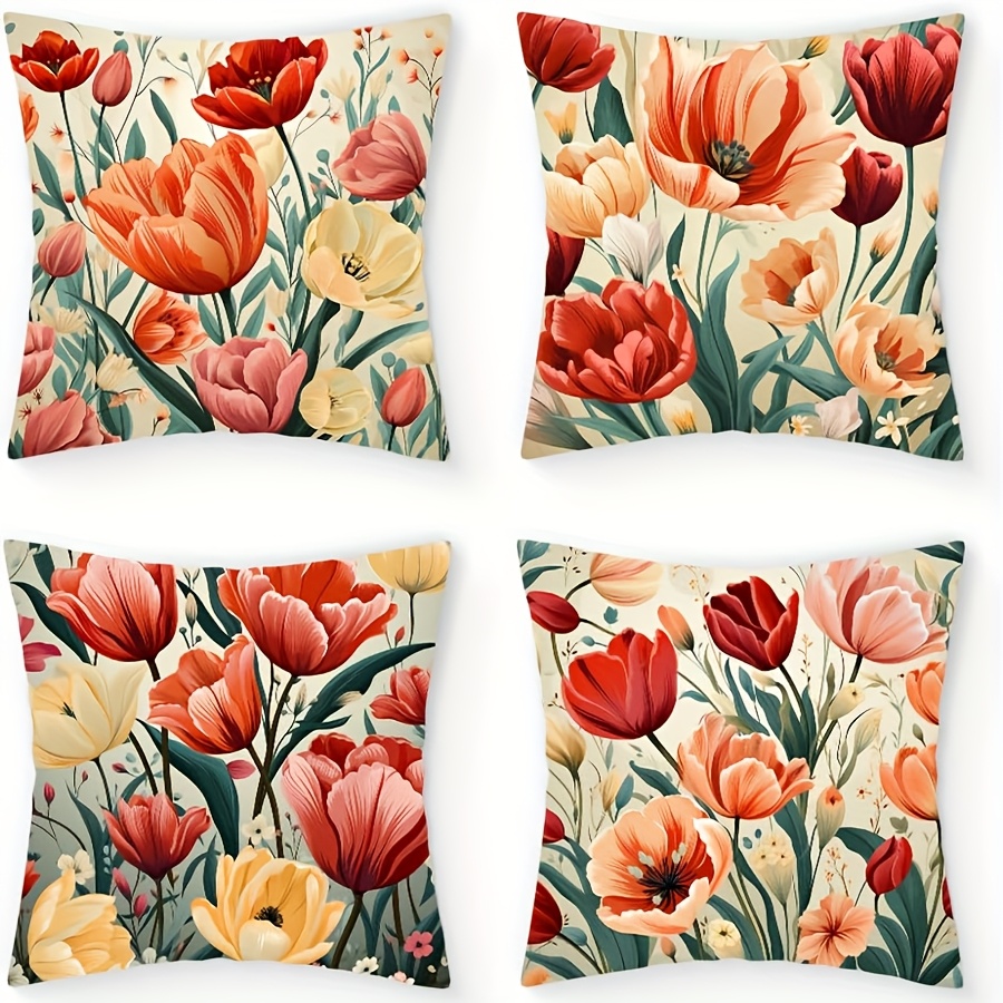 

4-pack Pillow Covers, 100% Woven Country Style, Machine Washable, Zipper Closure, Spring Print, Decorative Cushion Cases For Decor