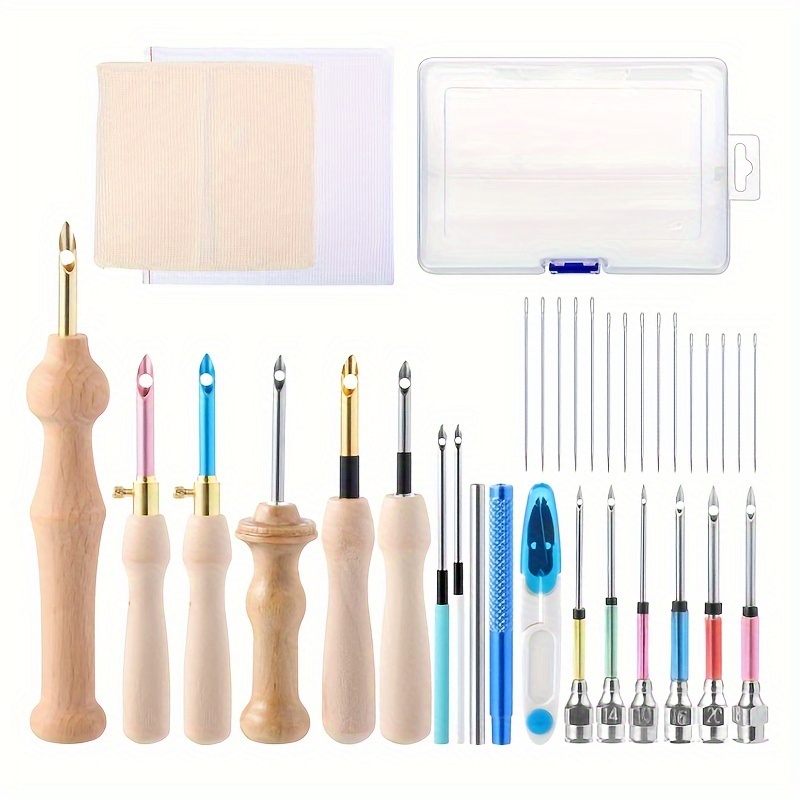 35pcs Punch Needle Set, Adjustable Punch Needle Tool For Embroidery, Includes Wooden Handle Pen Set, Large Eye Needles, And Punch Needle Fabric - Great For Adult Beginners As Stocking Stuffers
