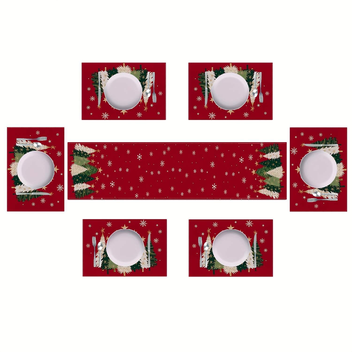 TEMU [christmas] 5/7pcs, Christmas Table Runner And Placemat Set, Christmas Tree And Snowflake Holiday Decorations, Farmhouse Table Decorations,