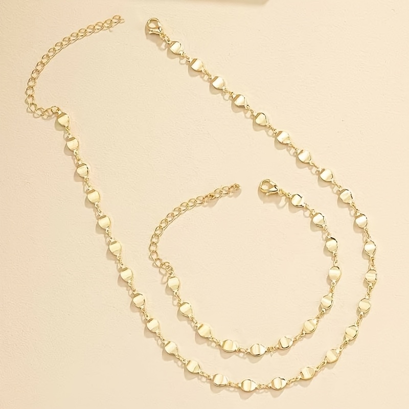 Japanese And Korean Minimalist Chic Commuter Golden Bracelet + Necklace Set, Women's Niche Vintage Round Link Chain Jewelry Set For And Party Gifts