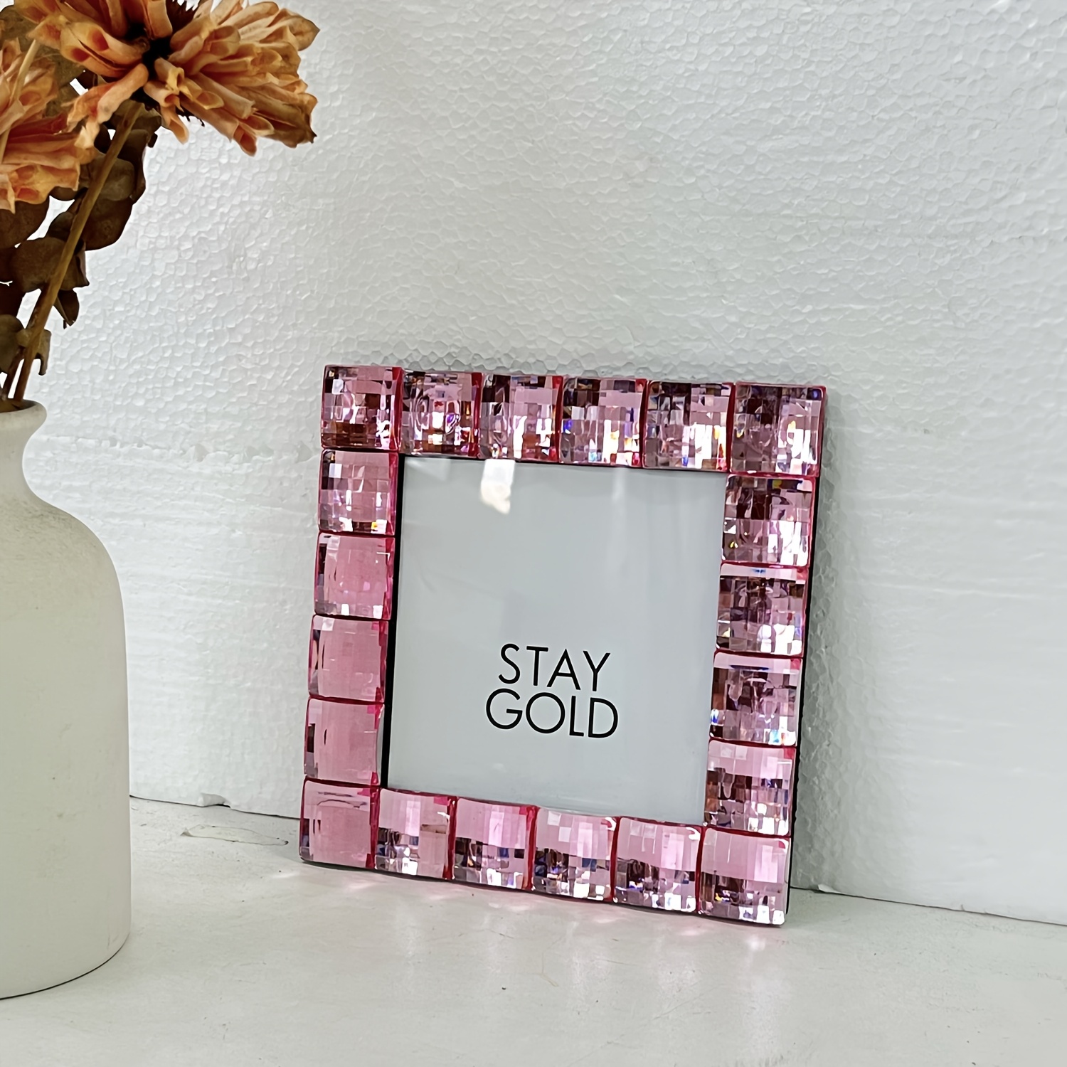 Image of A Crystal-studded Photo Frame, In Pink And Silvery, Suitable For 5x7 And 4x4 Inch Photos, Perfect For Home Decoration And Festive Occasions Like Christmas, Halloween, And Valentine's Day.