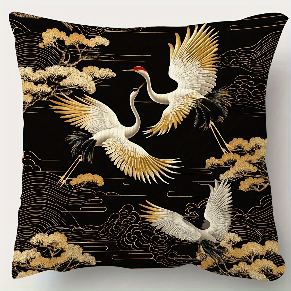 TEMU 1 Short Plush Decorative Pillowcase, Featuring Double-sided 2d Flat Printing That Showcases A Vintage-style Golden And Black Japanese Pattern,