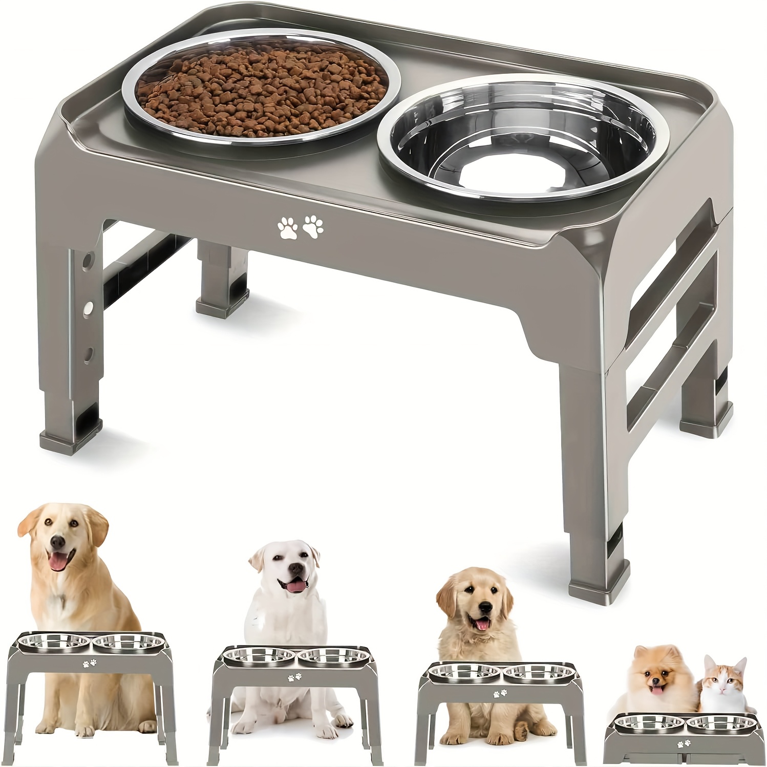 4-Tier Adjustable Dog Feeder Stand with 2 Stainless Steel Bowls - Non-Slip, Durable Plastic Base for Large & Medium Breeds, Available in Black, Gray, and Light Brown, Pet Feeding Station | Modern Dog Feeder | Adjustable Feeder