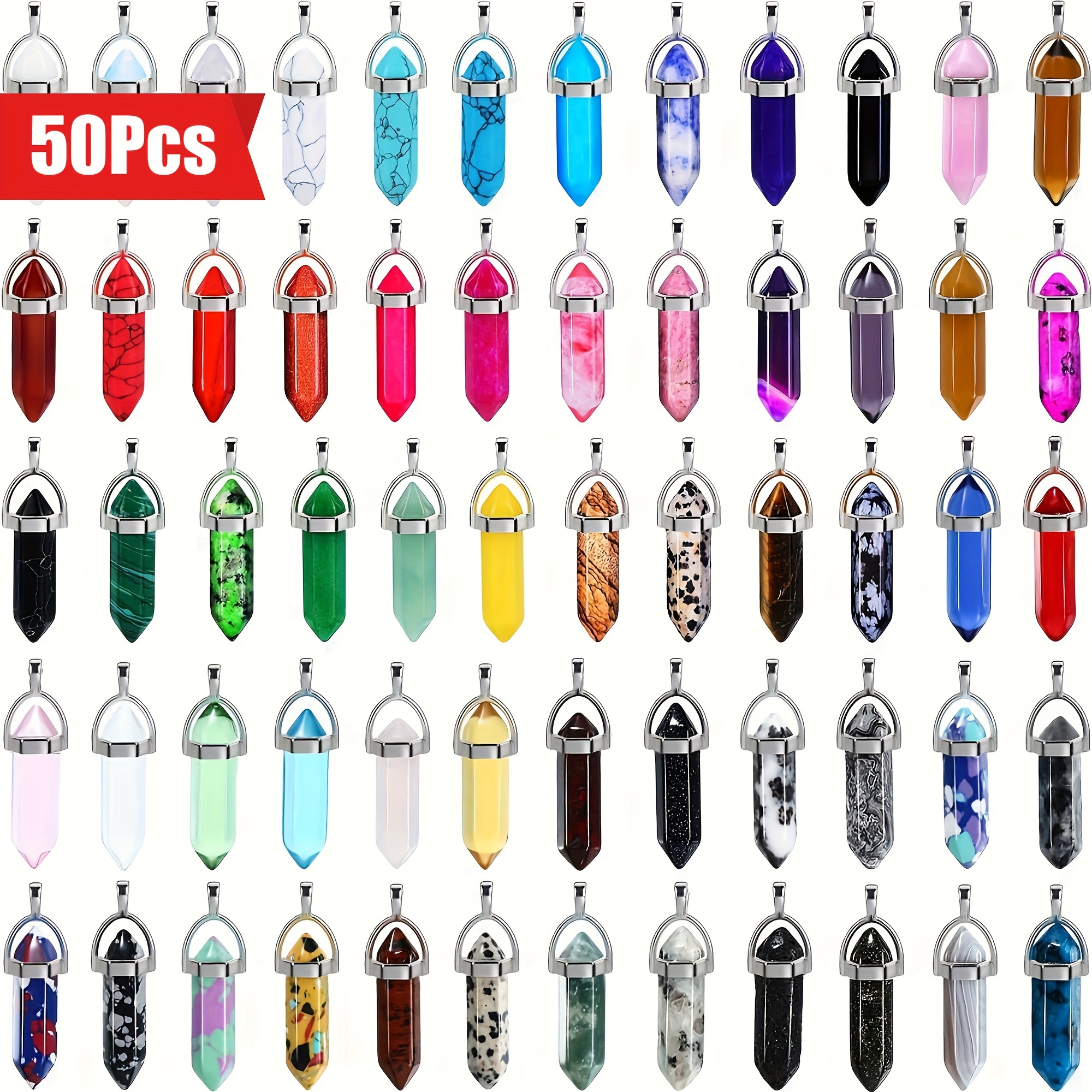 TEMU 50pcs Vibrant Pendants Set - Assorted Natural Gemstone Bullet For Making, Necklaces & Bracelets