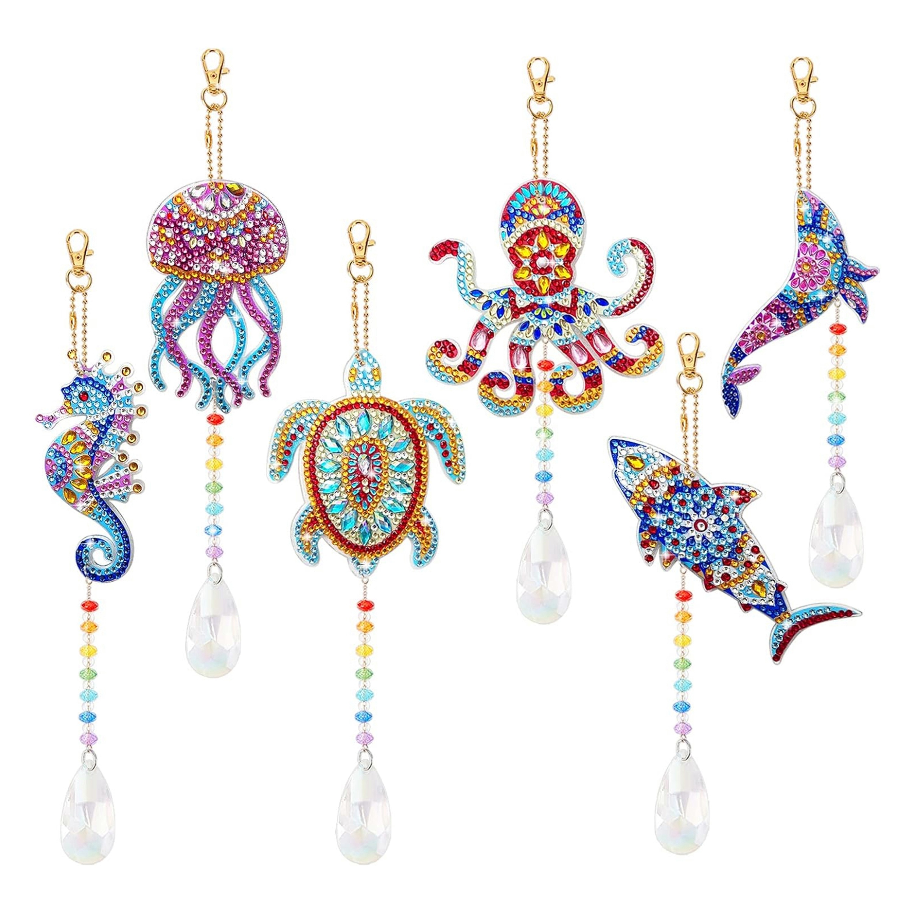 

6-pack Ocean Animal Theme Diamond Art Wind Chimes Kit, 5d Diy Handcrafted Diamond Painting Pendant With Special Shaped Crystals, Acrylic Craft For Home, Garden & Door Decoration