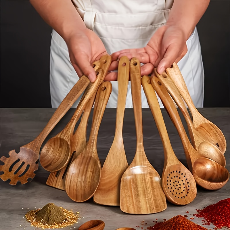 10/6/4pcs Natural Teak Cooking Utensil, Ergonomic Handles, Non-Porous Surface, Elegant Kitchen Gift - Durable and Easy to Clean, Natural Teak Grain, Suitable for Daily and Special Use, Kitchenware, Heat-Resistant Utensils.