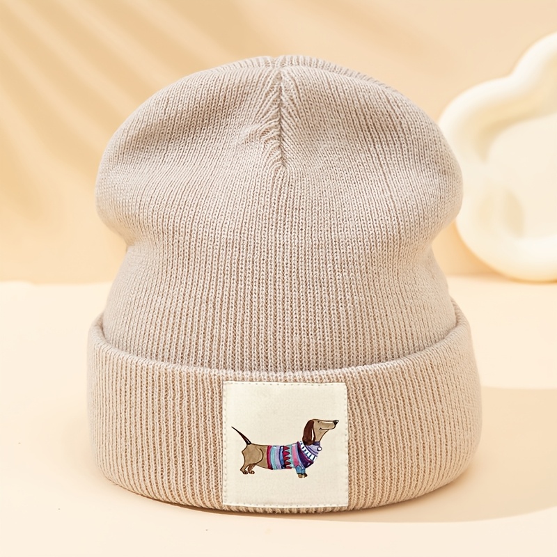 TEMU Dachshund Print Knit Beanie Hat - Warm Winter Cap For , Cozy Pullover With "dachshund" Design, Perfect For Outdoor Activities, Casual Wear, And
