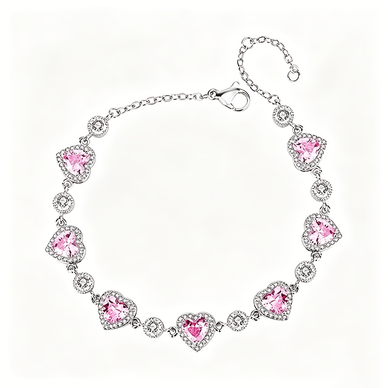 Image of 1pc S925 Fashion Women's Bracelet, Heart Inlaid With Pink Synthetic Zirconia, Suitable For Daily Wear And Parties, The For Gifting To On Festivals