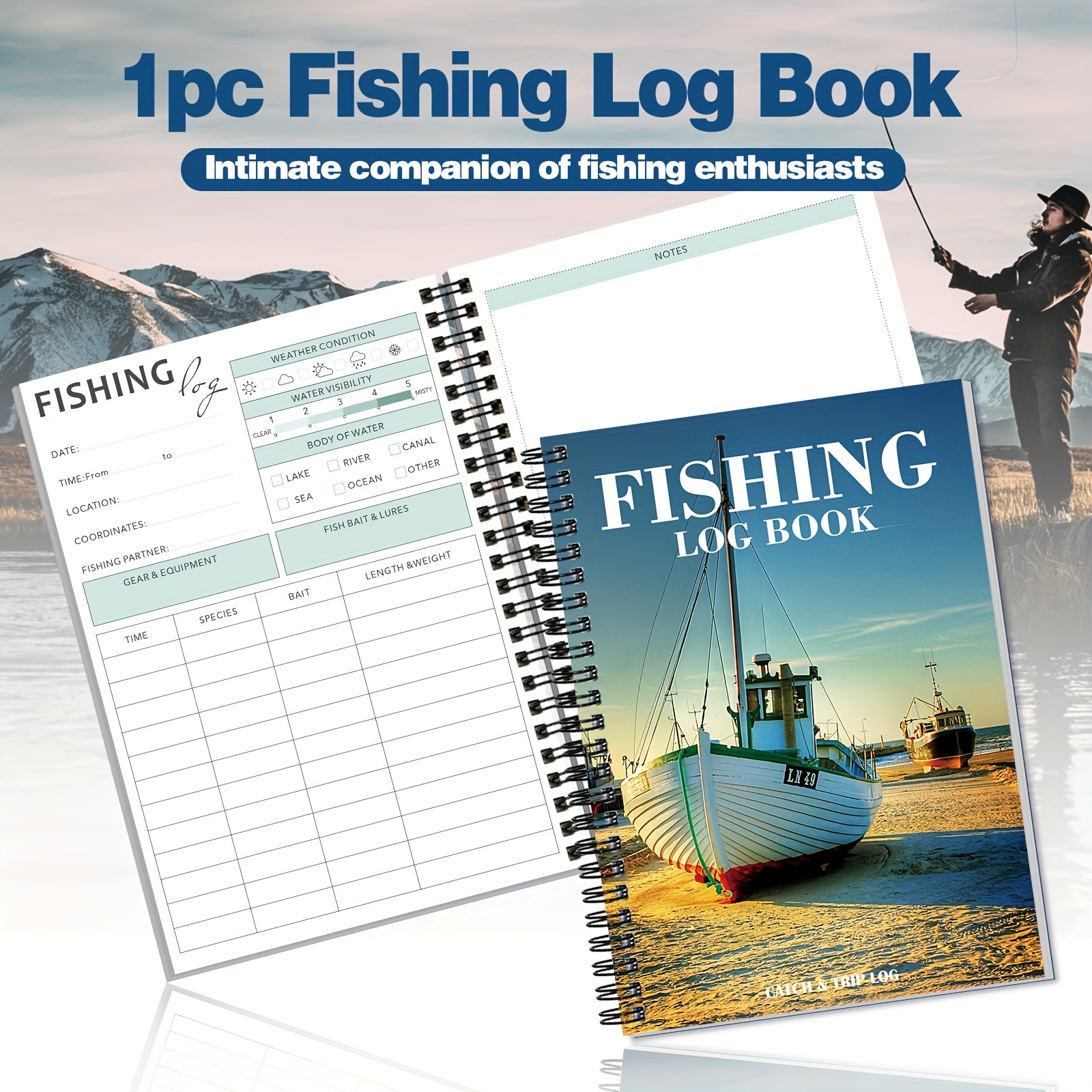 

1 Fishing Record Book, Fishing Record Book, Fishing Log Book, Spiral Design--50 Sheets, For Men And Women