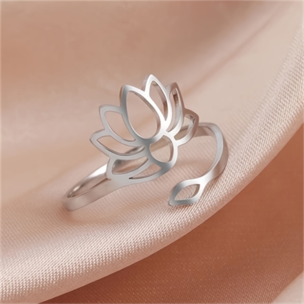 Lotus Ring 201 Stainless Steel Adjustable Ring Hollow Lotus Ring Geometric Ring Easy Teenager's Jewelry Mom Gift, For Teenager