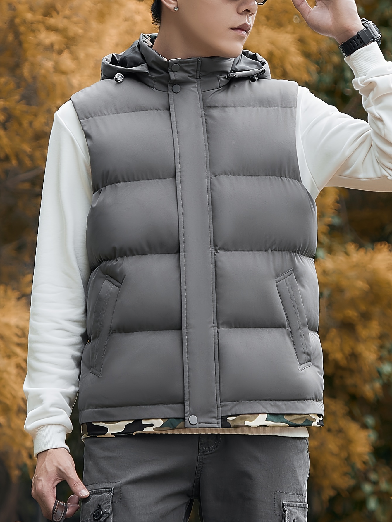 mens casual polyester padded vest detachable hood 100 Temu Saudi