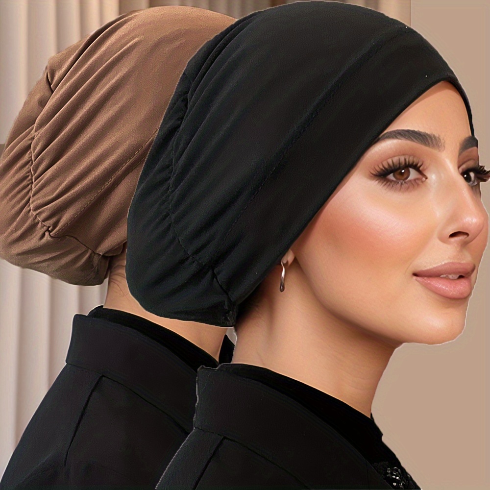 2pcs/Set Solid Color Muslim Headscarf with Closed Back Cap