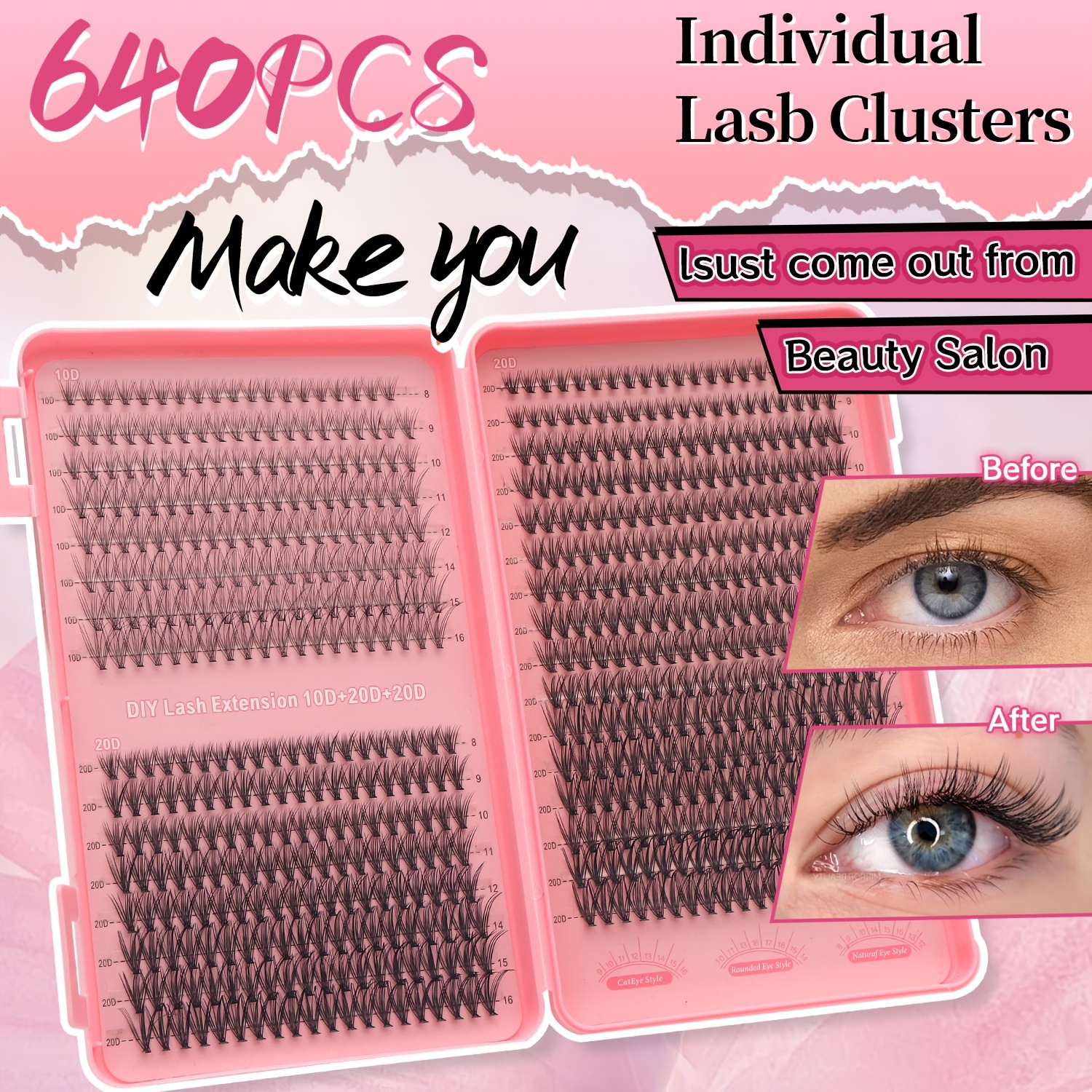 Image of 640pcs Eyelash Extension Kit, D 10d 20d Eyelash Extension Mink Lashes - Premium D Natural Individual Eyelash Kit Eyelash Extension - Reusable, Lightweight And , Eyelash Clusters, Single Lashes, False